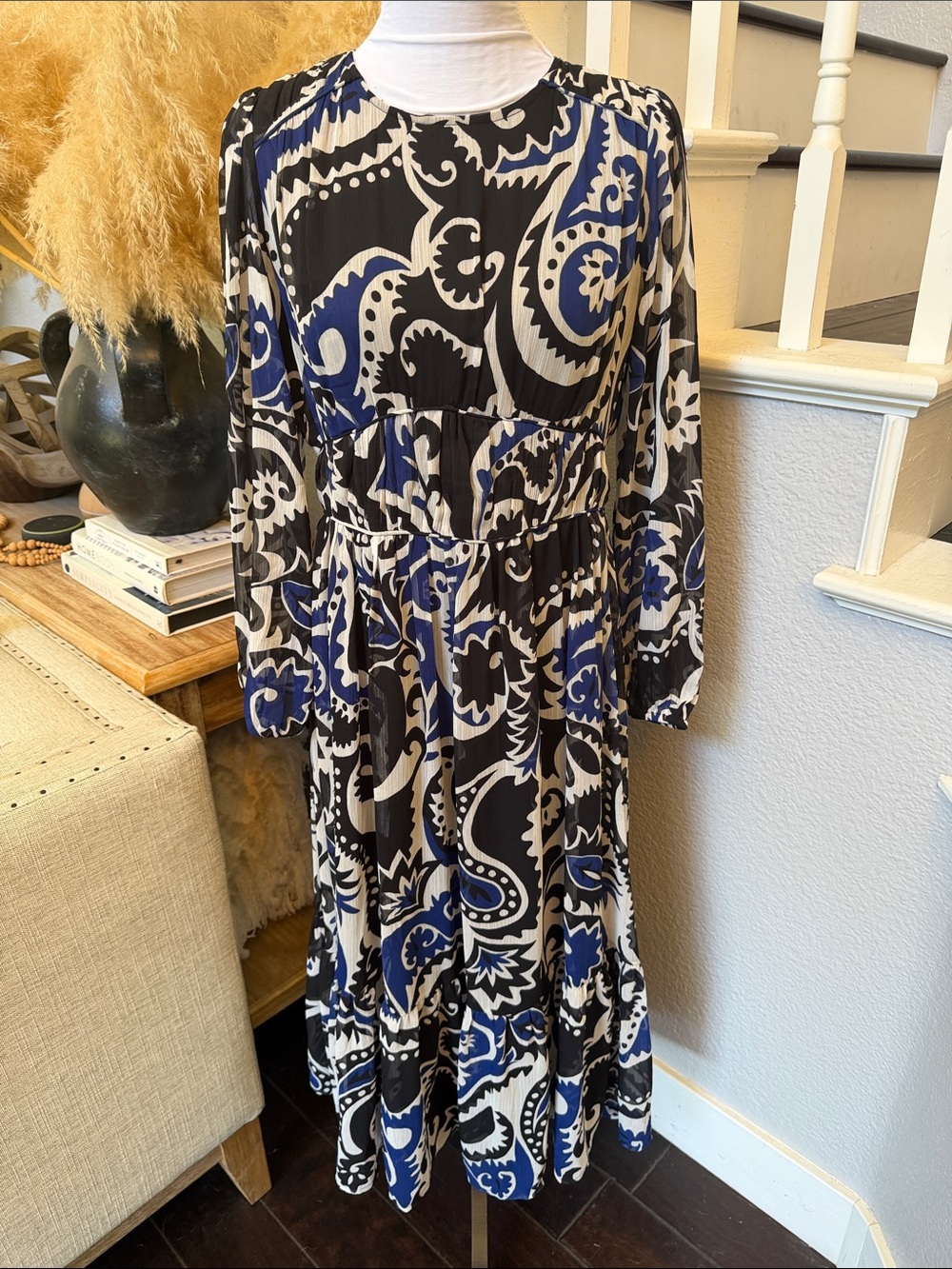 LOFT Paisley Flounce Midi Dress Blue Black Sheer Long Sleeve Boho Size 4 - Picture 2 of 8